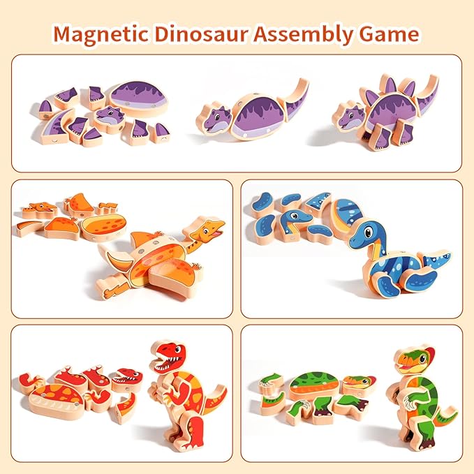 INIFEIDALA Magnetic Wooden Dinosaur Building Blocks, Take Apart STEM Montessori Educational Toy, Fine Motor Skills Development Ages 3-6