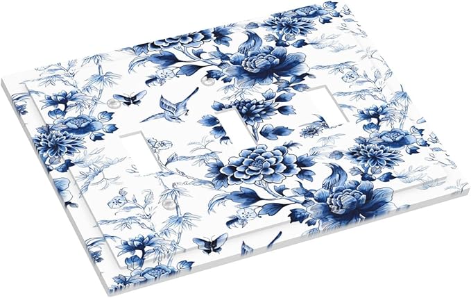 Blue Flower White Floral Plant Bird Butterfly Decorative Switch Plates 3 Gang Wall Plate Triple Toggle Light Switch Cover Faceplate Electrical Wall Panels for Bedroom Living Room Decor