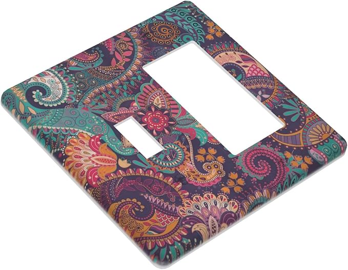 Mandala Boho Paisley Purple Floral Colorful Flower Outlet Covers 1 Toggle 1 Rocker Combination Decorative Wall Plate Electrical Switch Plates Light Switch Cover Plate for Home Bedroom Decor