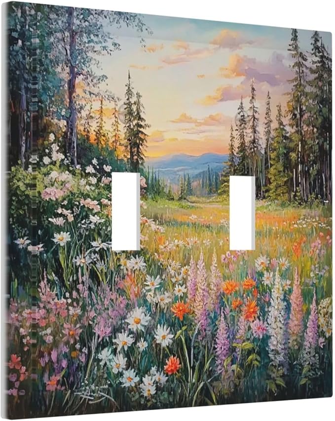 Decorative Switch Plates Floral Landscape Rustic Nature Wildflower 2 Gang Double Toggle Outlet Light Switch Cover Wall Plate Electrical Faceplate For Bed Room Living Room Decor