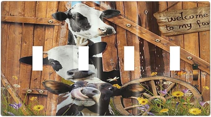 Decorative Switch Plate Covers Farm Cow Farmhouse Barn Door Rustic Vintage Wooden 4 Gang Device Light Switch Cover Country Wildlife Funny Quad Toggle Wall Plate Electrical Faceplate