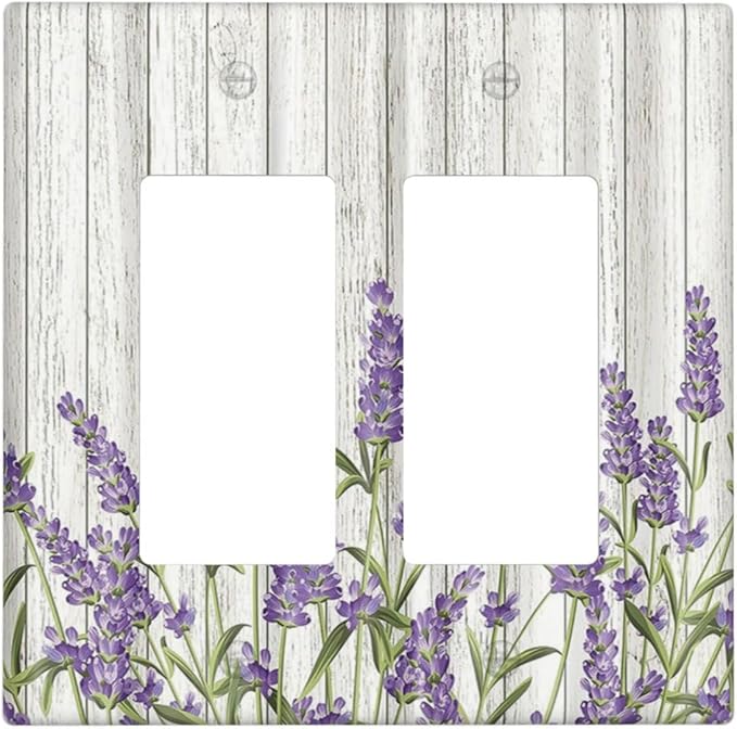 Rustic Wooden Plank Lavender Light Switch Plate Cover 2 Gang Double Rocker Wall Plates Electrical Faceplates Decorative GFCI Outlet Covers for Bedroom Bathroom Kitchen Art Decor