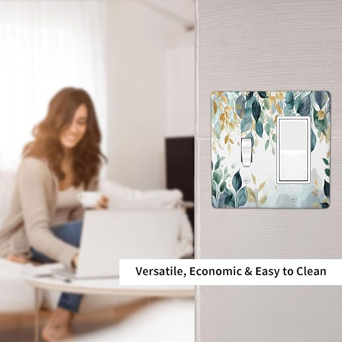 Boho Goldgreen Leaf Botanical Eucalyptus Leaves Outlet Covers 1 Toggle 1 Rocker Combination Decorative Wall Plate Electrical Switch Plates Light Switch Cover Plate for Bedroom Living Room Decor