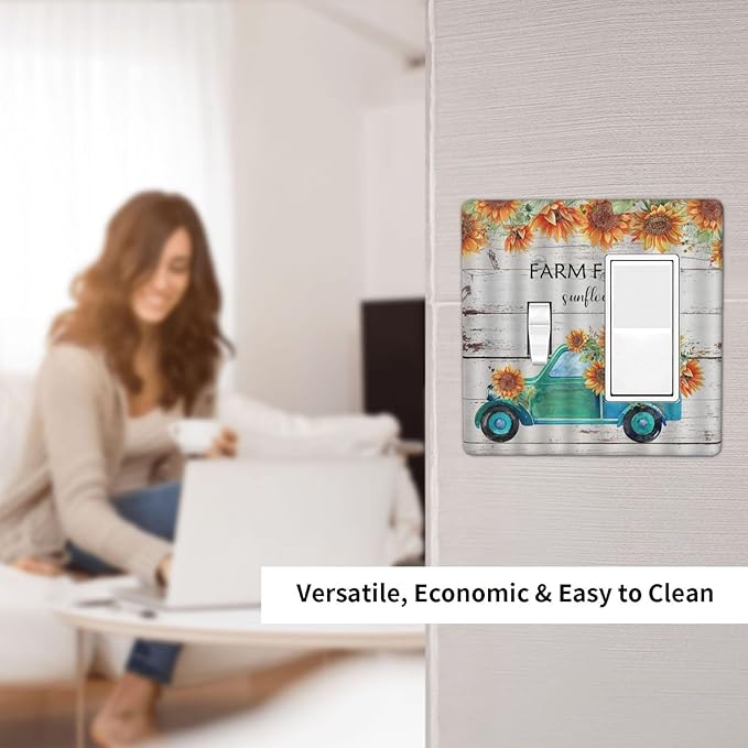 Decorative Outlet Covers Teal Farm Truck Pulling Sunflowers 2 Gang 1 Gang Wall Plate Single Toggle Rocker Device Combination Light Switch Cover Plate Jumbo Switch Plate Cover for Farmhouse