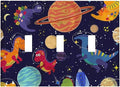 Navy Blue Cute Cartoon Dino Dinosaur Decorative 3 Gang Toggle Light Switch Covere Plate Kids Universe Galaxy Outer Space Planet Nebula Boy Electrical Outlet Switch Face Wall Plate Cover Jumbo Size