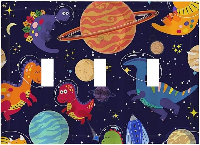 Navy Blue Cute Cartoon Dino Dinosaur Decorative 3 Gang Toggle Light Switch Covere Plate Kids Universe Galaxy Outer Space Planet Nebula Boy Electrical Outlet Switch Face Wall Plate Cover Jumbo Size