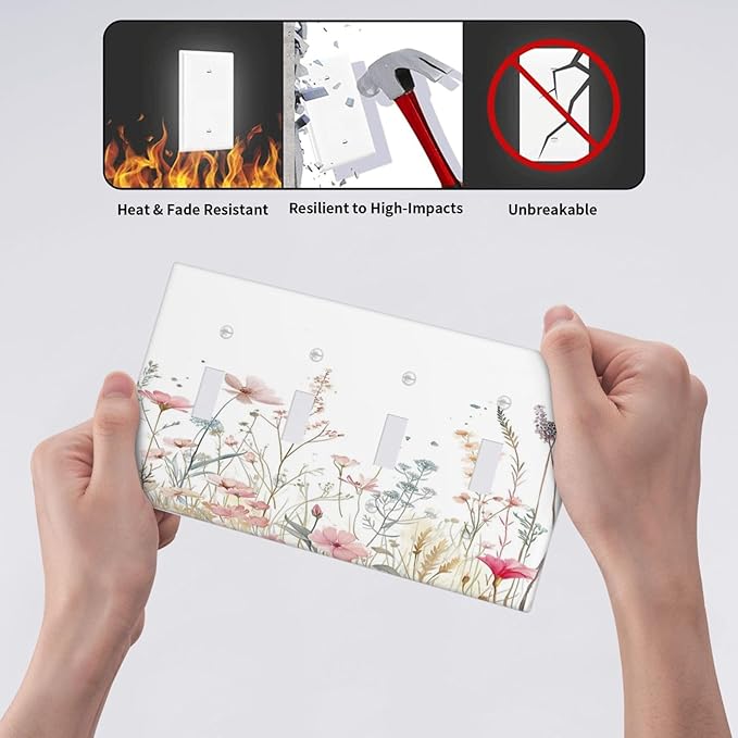Watercolor Wildflower Pink Flower Plant Floral Light Switch Covers Quad Toggle Electrical Faceplate 4 Gang Wall Plate Decorative Switch Plates for Bedroom Living Room Decor