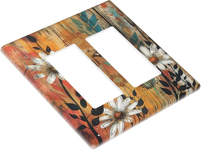 Light Switch Cover Plate Vintage Wooden Daisies Butterflies Floral 2 Gang Double Rocker Outlet Covers Decorative Switch plates Electrical Wall Plates GFCI Receptacle for Bathroom Farmhouse