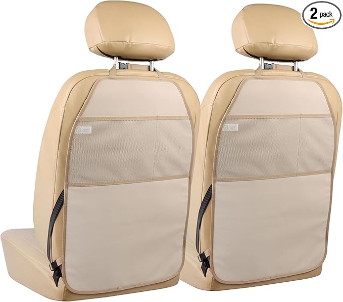Viaviat Car Seat Protector Large Kick Mat 2 Pack Durable Water Resistant Auto Seat Back Covers with 2 Mesh Pockets Protection Against Dust Mud Scratches (Beige-A, 2-Pack)