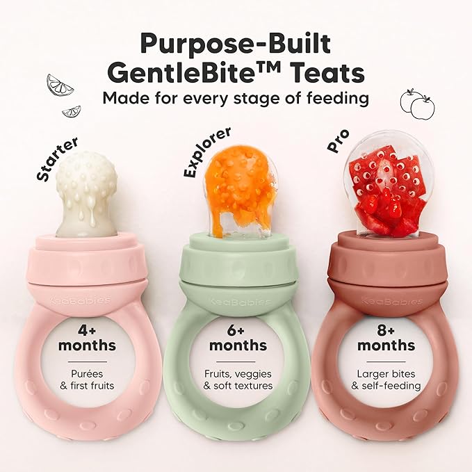 KeaBabies Baby Fruit Feeder 2pk - Silicone Baby Food Feeder for Babies 6-12 Months, Breast Milk Popsicle Teether, Weaning, Pacifier, Freeze Frozen Solid Food, Infant Feeding Essential (Mellow)