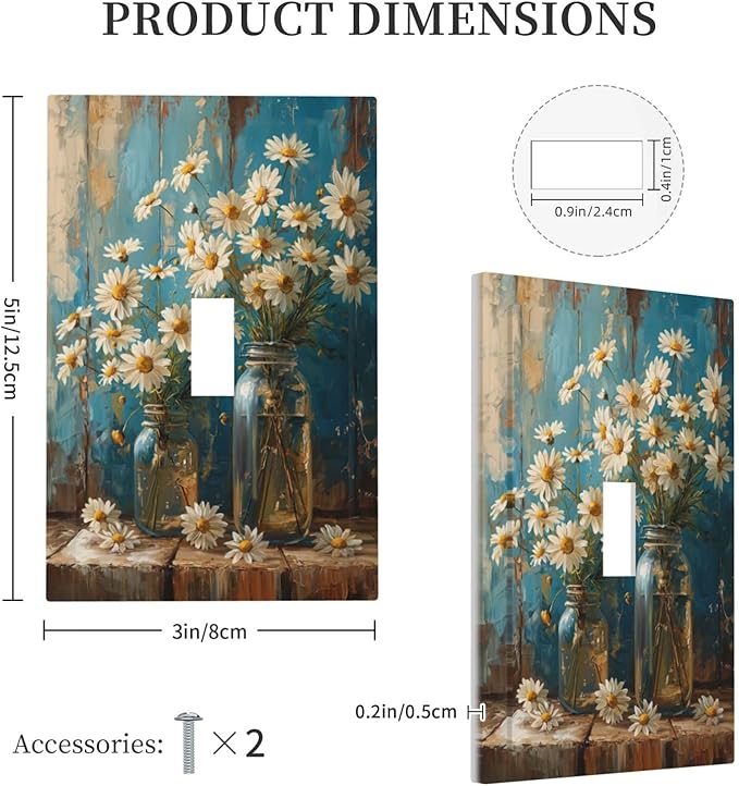 Delicate White Daisy Jars Retro Wood Background Decorative Light Switch Cover 1 Gang Single Toggle Device Electrical Faceplate Switchplates Decorator Outlet Wall Plate for Farmhouse Home Decor