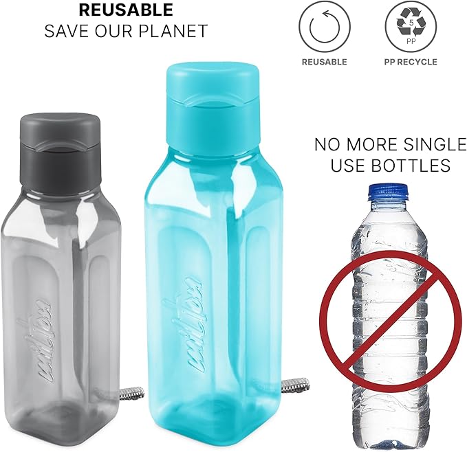 MILTON Bulk Water Bottles Set of 4 – 10 and 17oz Multicolor Bottles for Kids and Adults – Leak Proof with Carry Strap – Square Reusable Bottles for Juice, Drinks BPA-Free Dishwasher-Safe