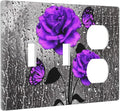 Purple/Gray Blossom Flowers Rose Butterfly Valentine Day 3-Gang 2-Toggle 1-Duplex Device Combination Wall Plate Decorative Combo Double Toggle/Single Duplex Receptacle Outlet Light Switch Cover Plate