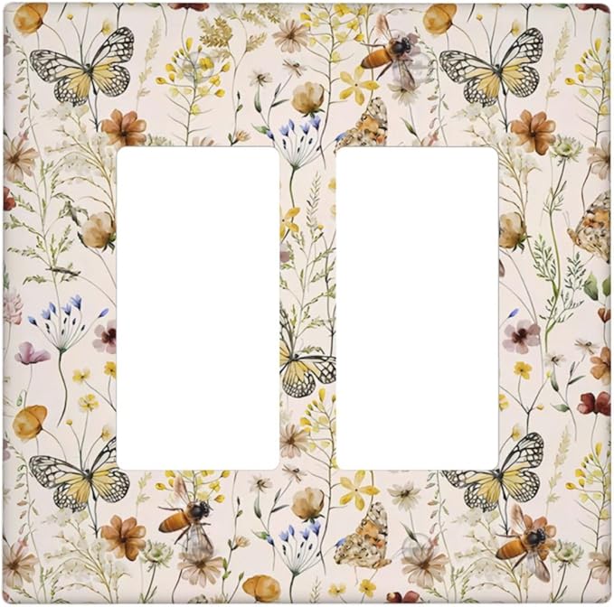 Vintage Butterflies Double Rocker Wall Plates Colorful Wildflower 2 Gang Light Switch Cover Decorative Cute Bees GFCI Electrical Switchplate Beige Flower Leaves Dimmer Decor for Bedroom Kidroom