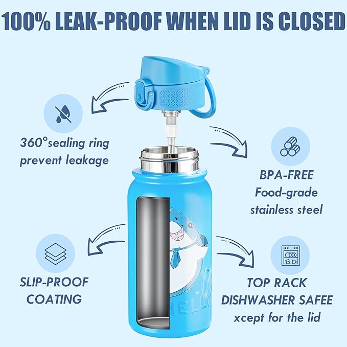 OLDLEY 12oz kids Water Bottle, Stainless Steel Insulated Water Bottle For Kids, With Straws Leak-proof, Kids Water Bottles For School Boys Girls,Polar Sharks