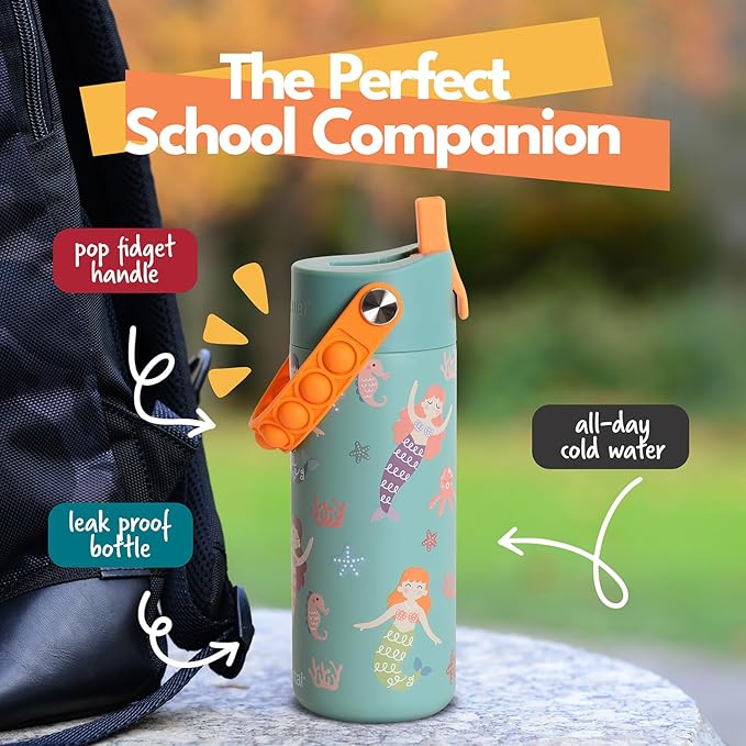 Elemental Insulated Kids Water Bottle, Stainless Steel Water Bottle with Straw Lid & Pop-It Handle, Leak-Proof Water Bottles for School, Boys or Girls, Travelling and Sports, 18oz - Mermaid Sisters