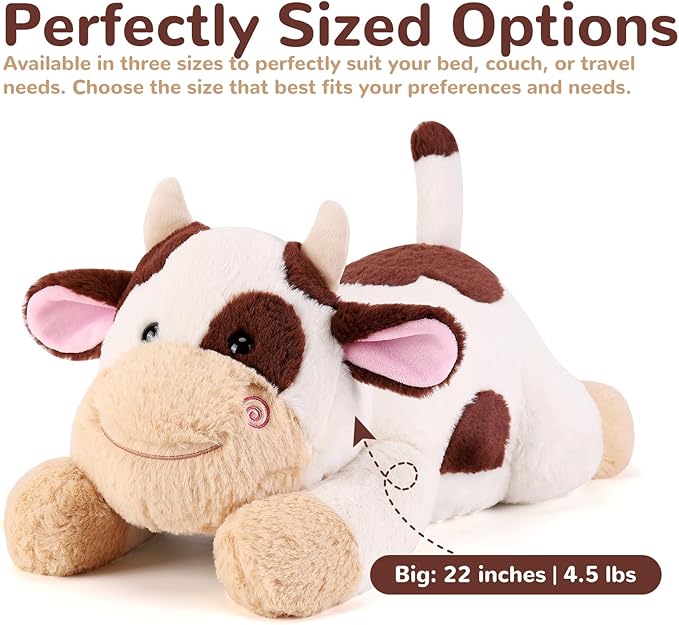 gnomantic Cow Weighted Stuffed Animals - 22 Inch 4.5 Pounds Weighted Plushies Cow Stuffed Animals - Big Plush Pillow - Cute Plush Toys Gifts for Kids & Adults (22" 4.5 lbs Brown)