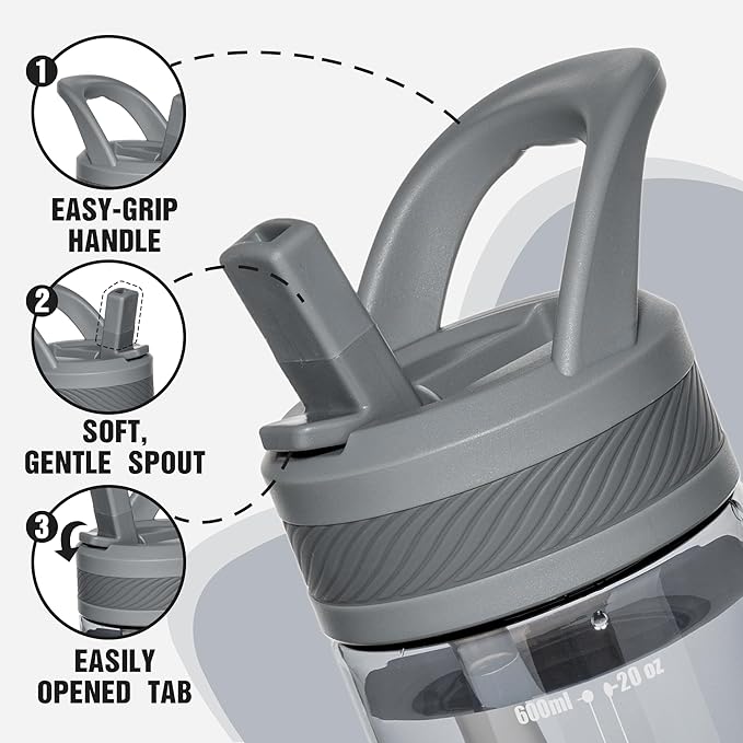 OLDLEY 20 kids Water Bottle with Straw,Tritan BPA-Free,Leak-Proof Design for Travel, Home, School, Grey