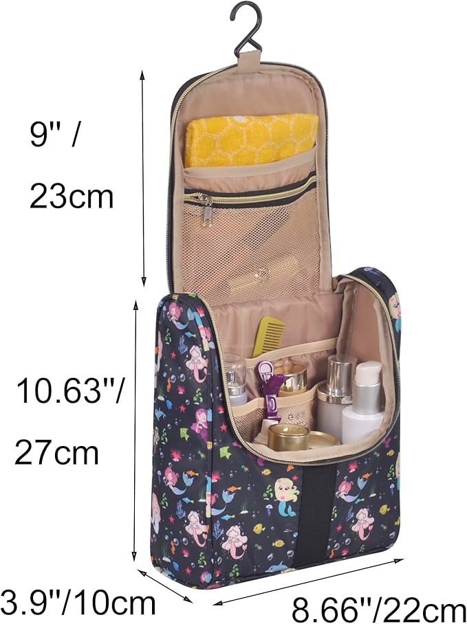 Remobia Hicol Cute Cartoon Hanging Kids Toiletry Bag Children Travel Cosmetic Makeup Organizer Wash Bag Shower bag Over Night Bag Camping Shaving Kit Bag for Boys & Girls (Mermaid Black)