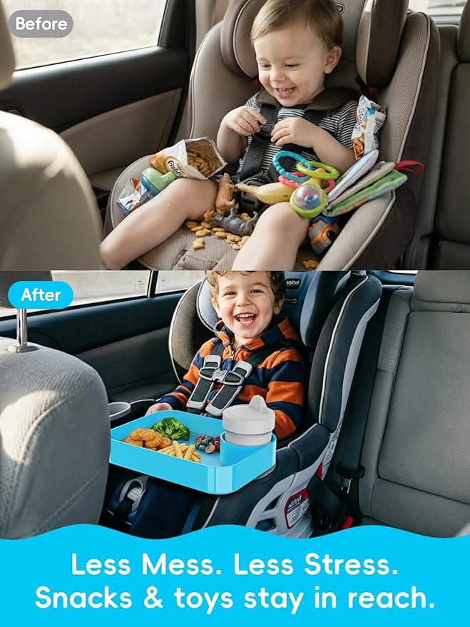 Car Seat Cup Holder Snack Tray for Kids, Reduces Mess, Detachable Large Base & Adjustable Ring, Carseat Tray for Toddler, Car Seat Food Tray Eating Table for Kids Travel Road Trip -Sky Blue