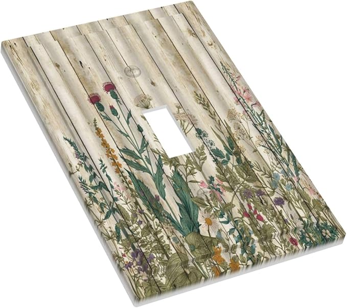 Vintage Wild Flowers Botanical Green Leaves Plants 1 Gang Light Switch Covers Decorative Rustic Wood Plank Single Toggle Wall Plate Switchcover Electrical Switchplate for Farmhouse Bedroom Decor