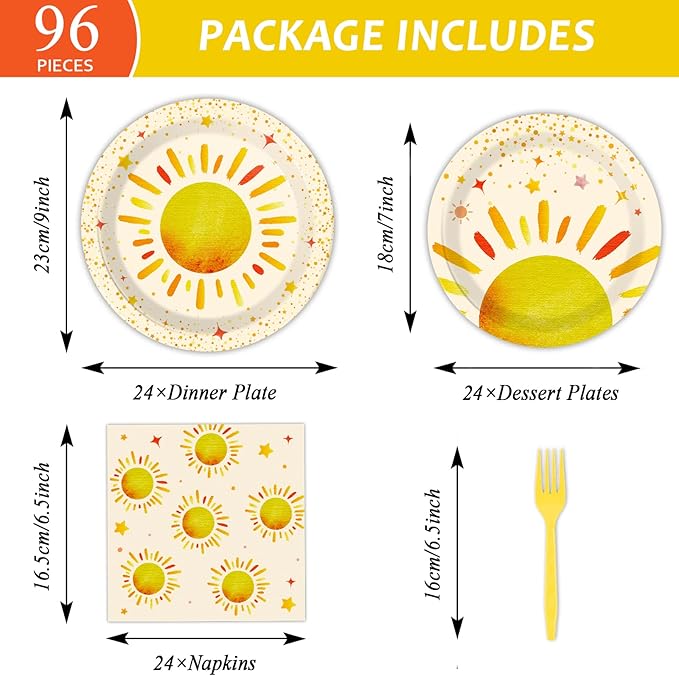 96 Pieces First Trip Around The Sun Decorations Sunshine Birthday Party Plates Boho Sun Disposable Plates Napkins Folks Paper Tableware Set for 1st Trip Around The Sun Birthday Girls Boys Supplies