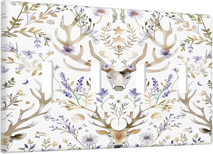 Light Switch Covers Gothic Retro Floral Damask Elk Wild Flower Quad Toggle Electrical Faceplate 4 Gang Wall Plate Decorative Switch Plates For Bed Room Living Room Decor