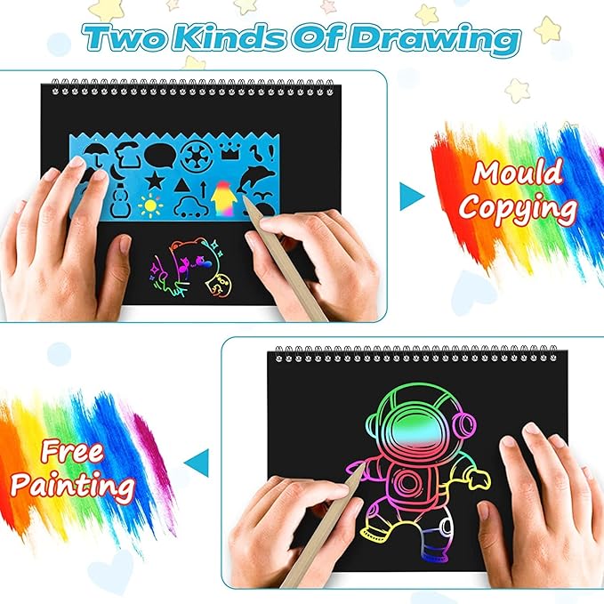 Smasiagon Scratch Paper Art Set: 2 Pack Notebooks Art Supplies and Crafts for Kids Back to School Classroom Ages 3 4 5 6 7 8 9 10 Girls Boys Toys Valentine's Day Birthday Party Travel Favor Games