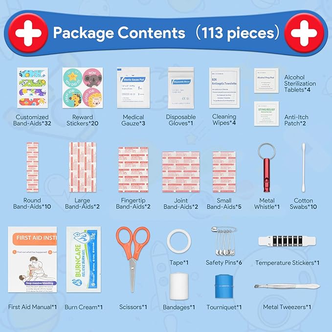 Mini First Aid Kit, 113 Pc. Water-Resistant Hard Toddler Kids Small Cute Case for Car, Home - TSA-Approved Travel Size