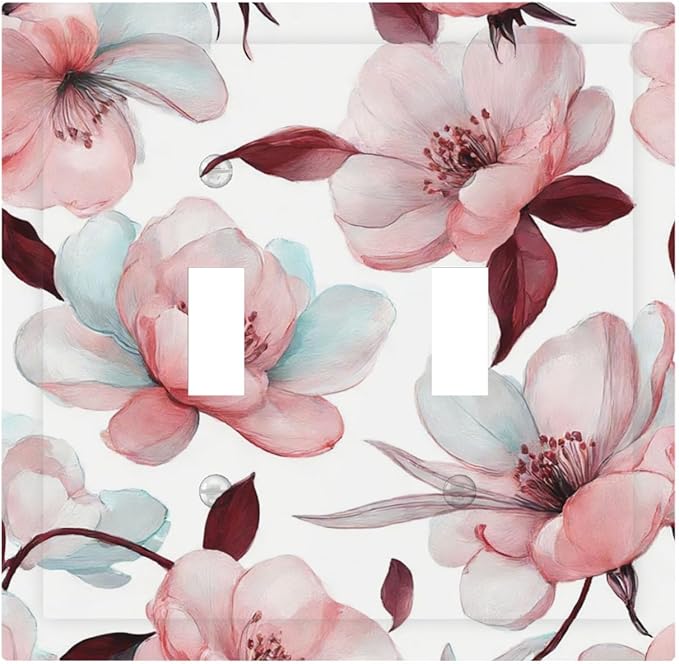Watercolor Pink Cherry Blossom & Floral Burst Double Toggle Switch Cover - 2-Gang Standard US Size Romantic Floral Escape Light Switch Covers for Bathroom Bedroom Vanity Decor