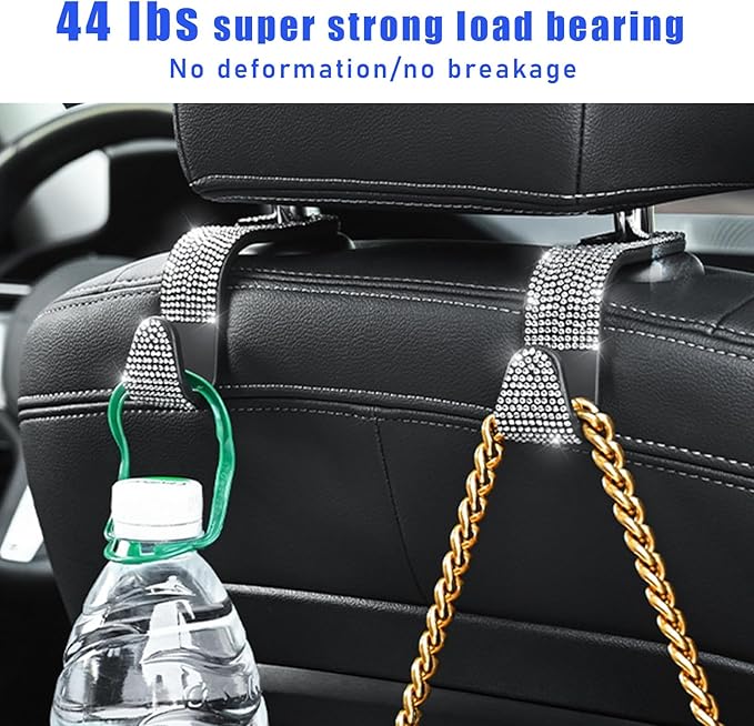 Ohleats 2 PCS Bling Car Seat Headrest Hooks, Crystal Rhinestone Back Seat Hanging Storage Organizer, Vehicle Seat Hanger Holder for Purse Handbag Coat, Interior Car Accessories (White)