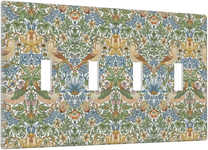 William Morris Strawberry Thrush Birds Quad Toggle Light Switch Cover Vintage Floral Flowers Plant 4 Gang Wall Plate Decorative Electrical Switchplates Covers for Country Bedroom Home Décor