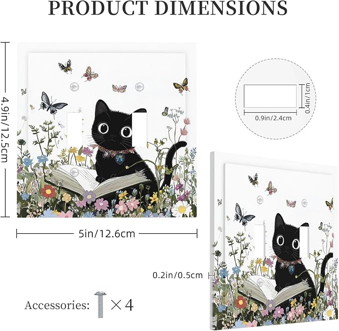 Decorative Switch Plates Cute Cat Wildflowers Boho Flowers Floral 2 Gang Double Toggle Outlet Light Switch Cover Wall Plate Electrical Faceplate For Nursery Kids Room Decor