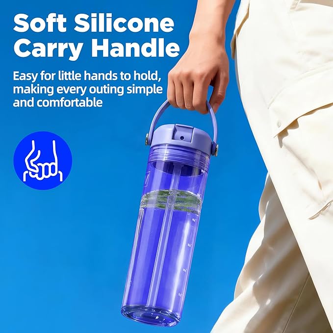 20oz Kids Water Bottle, BPA Free Thick Tritan Plastic Reusable, Clear Water Bottle with Straw, Leakproof Lid, Dishwasher Safe, Boy girl for School,Travel Purple