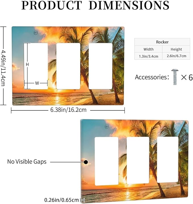 Light Switch Cover Sunset Beach Palm Tree Seascape 3 Gang Wall Plate Triple Light Switch Plate Tropical scenery Rocker GFCI Outlet Covers Decorative Receptacle Cover for Bathroom Home Decor