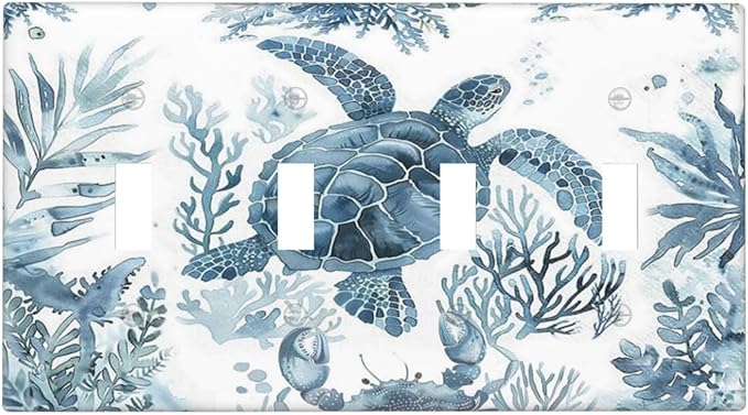 Blue Sea Turtle Coastal Coral Beach Crab Seaweed Light Switch Covers Quad Toggle Electrical Faceplate 4 Gang Wall Plate Decorative Switch Plates for Kids Room Bathroom Decor