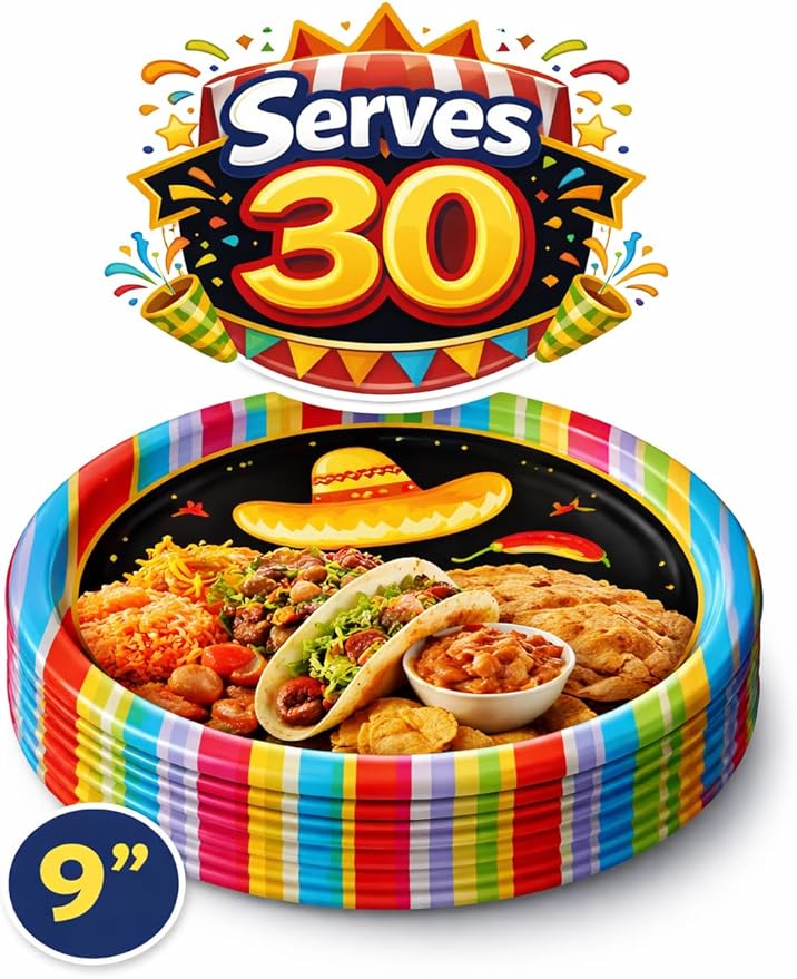 Cinco de Mayo Fiesta Party Supplies – Serves 30 Guests, Includes 9" Dinner Plates, 7" Dessert Plates, 12 oz Cups, 3-Ply Napkins, Mexican Fiesta Theme Party Decorations & Tableware by Oojami