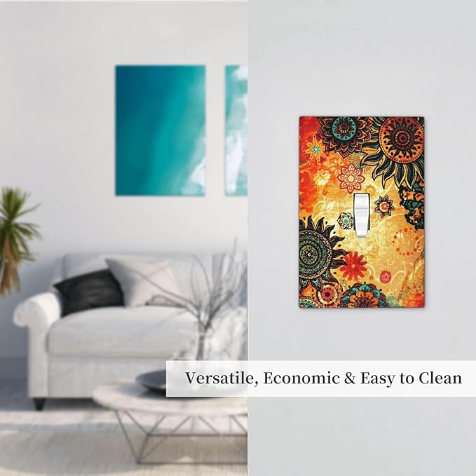 Red Orange Boho Bohemian Flower Floral Single Toggle Light Switch Plate Outlet Cover Decorative One Device Wall Plate 1-Gang Electrical Switch Faceplate