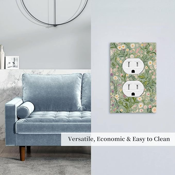 Decorative Outlet Covers with Vintage Wildflowers & Daisies on Light Green Background Design 1 Gang Duplex Light Switch Cover Plate Unique Wall Plates Switchplate Cover
