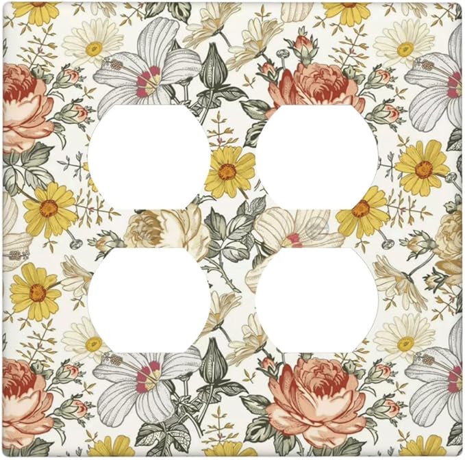Multicolor Peony Daisy Vintage Floral Flower Outlet Covers 2 Gang Double Duplex Decorative Light Switch Covers Electrical Wallplates Socket Faceplate for Bedroom Living Room Decor