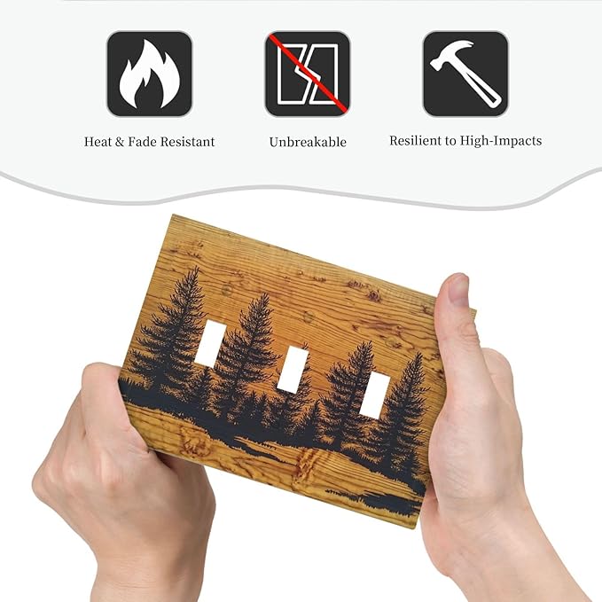 Decorative Switch Plates Forest Pine Silhouette Rustic Wood Grain 3 Gang Wall Plate Triple Toggle Light Switch Cover Faceplate Electrical Wall Panels For Farmhouse Cabin Decor