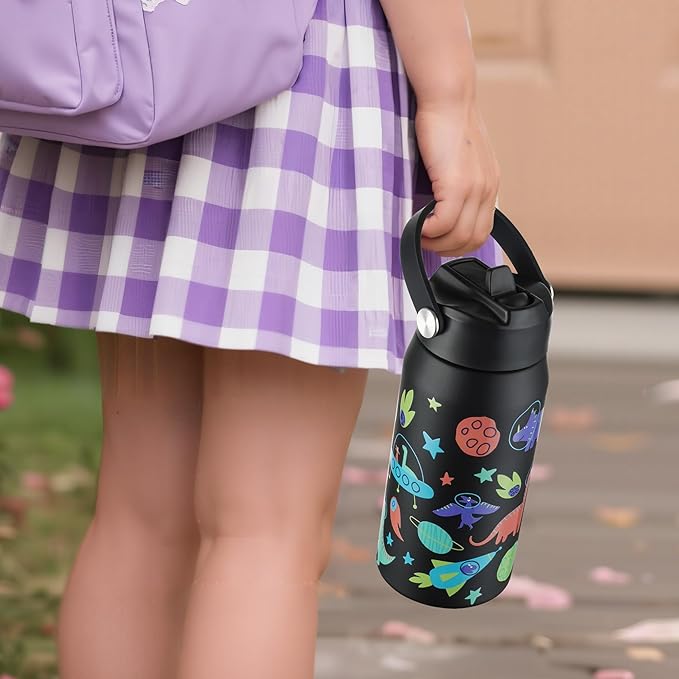 OLDLEY kids Water Bottle - 18oz Insulated Stainless Steel - Wide Straw Lid, Non Spill, Leakproof, Kids Water Bottle for School,Space Dinosaur