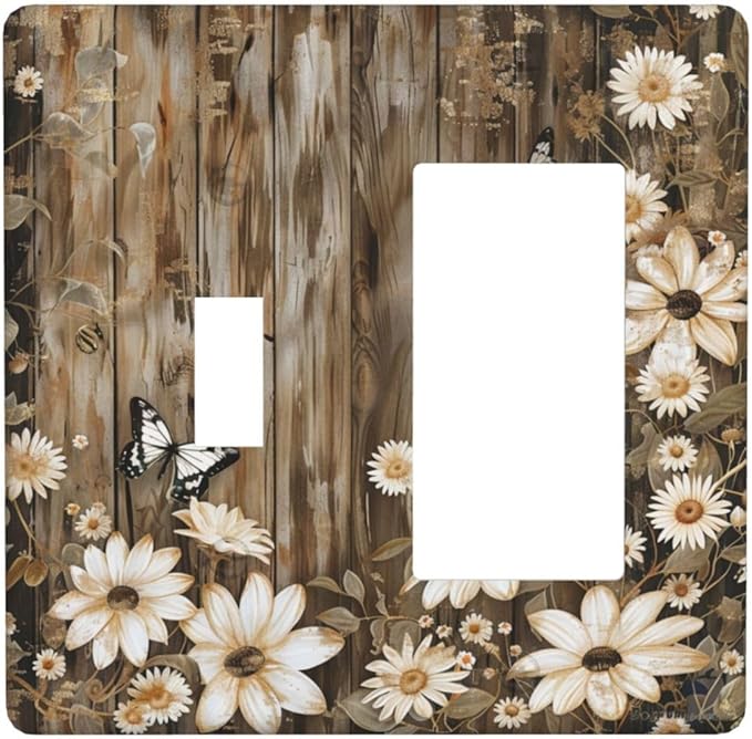 Light Switch Cover Plate Rustic Wood Butterflies Flowers Botanical 2 Gang Combo Wall Plates Toggle Rocker Decorative Switch Plates and Outlet Covers for Farmhouse Cabin Decor