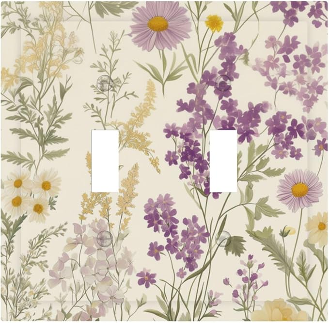 Watercolor Floral Leaves 2 Gang Light Switch Cover Small Purple Flowers Daisies Double Toggle Wall Plate Decorative Electrical Switchplate Covers for Country Bedroom Kitchen Living Room Decor