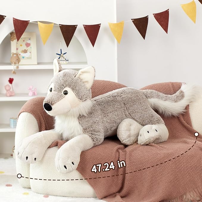 MaoGoLan Large Wolf Stuffed Animal for Boy, Giant Wolf Plush Toy for Girl, Stuffy Coyote for Kid, Realistic Stuffed Coyote Plush Pillow for Birthday Easter Gifts Baby Shower Party Decor, 47 inches