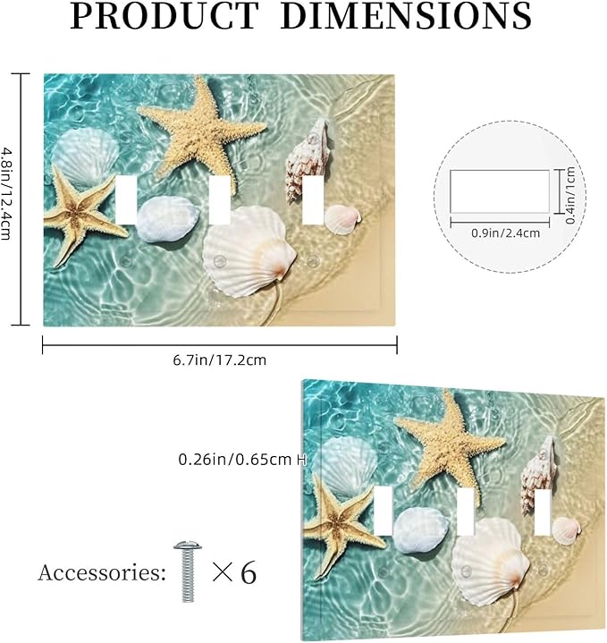 Decorative Switch Plates Beach Starfish Ocean Conch Cameo Shell 3 Gang Wall Plate Triple Toggle Light Switch Cover Faceplate Electrical Wall Panels For Decor Kids Room Decor