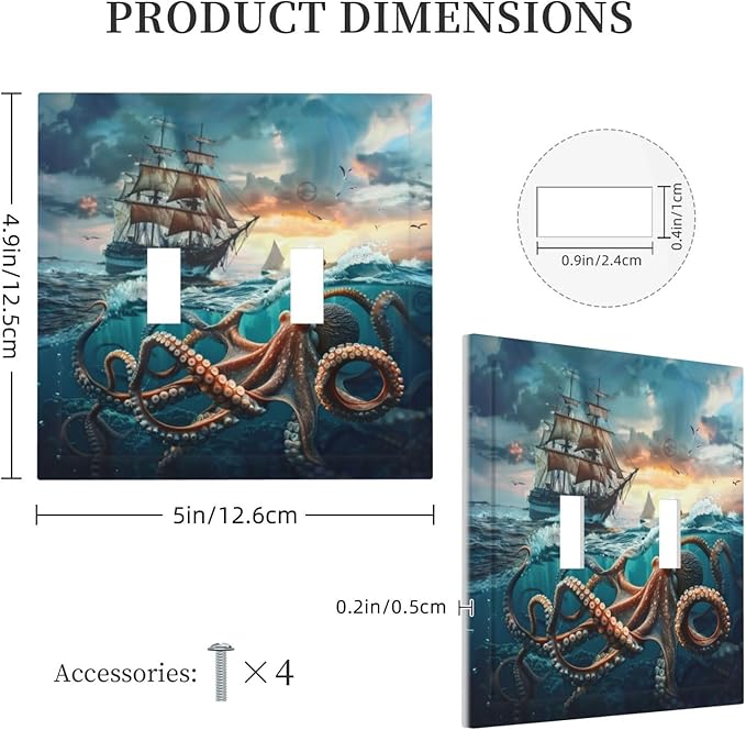 Light Switch Cover Plate Sailboat Ship Octopus Ocean Sea Waves 2 Gang Double Toggle Decorative Switch Plates Wall Plates Electrical Faceplate for Bathroom Bedroom Decor