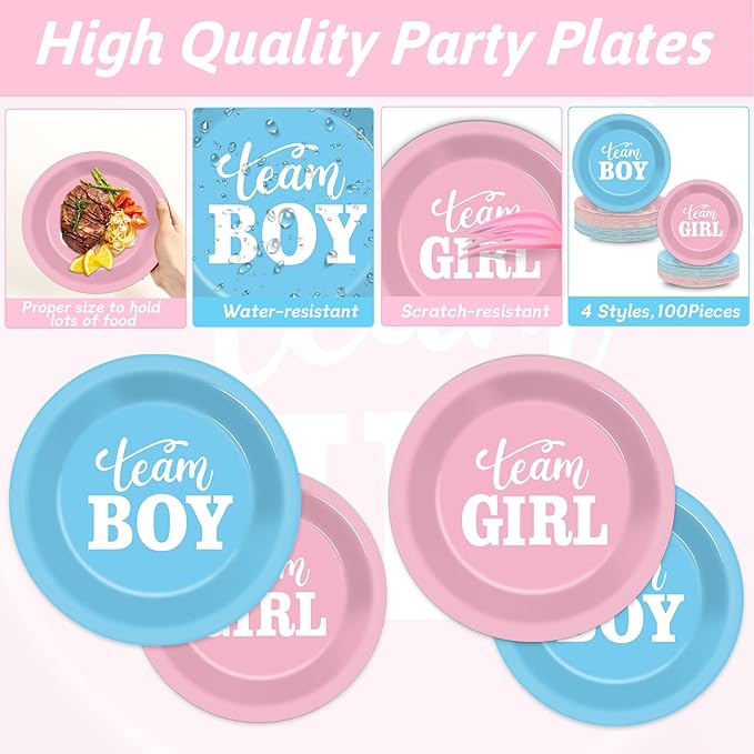 200pcs Gender Reveal Plates Napkins Gender Reveal Paper Tableware Set Blue and Pink Cake Dessert Disposable Dinnerware Boys Girls Party Decoration for Baby Shower Birthday Decor Supplies Serves 50