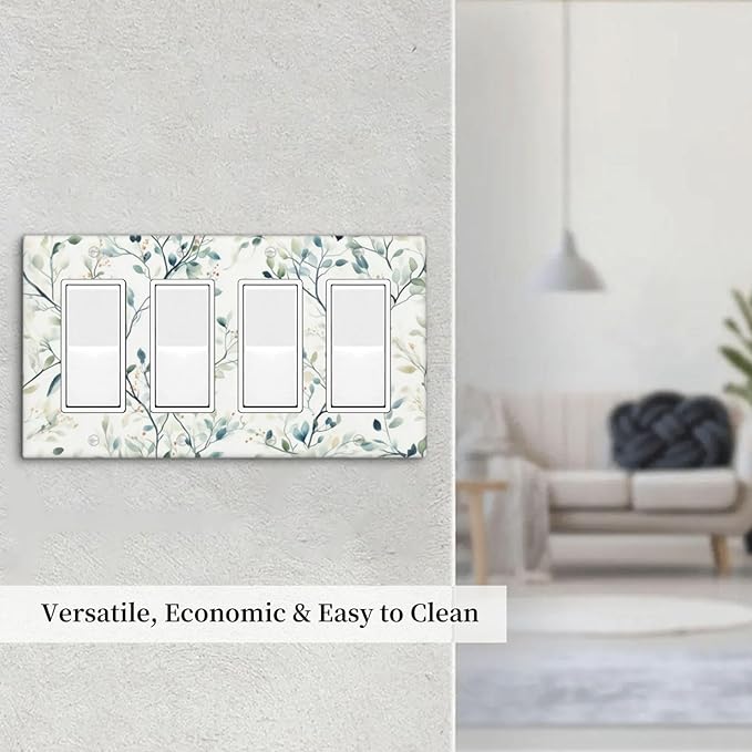 Watercolor Floral Green Leaves 4 Gang Light Switch Cover Green Botanical Flowers Quad Rocker Outlet Covers Wall Plate Decorative Faceplate for Bedroom Kitchen Living Room Decor