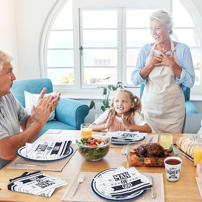122 Pcs Happy Father's Day Plates and Napkins Set for 24 Guest Blessed Dad Paper Dessert Plates Cups and Napkin Kit Blue and White Disposable Tableware for Father Papa Grandpa Party Table Decorations